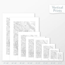 Load image into Gallery viewer, Available sizes for Vail Ski Resort, Colorado topographic maps. 5x7, 8x10, 11x14, 16x20, 18x24, 24x36, and 27x40 posters shown. as black and white prints on a gray background.
