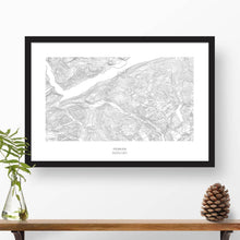 Load image into Gallery viewer, Framed travel art of Verbier, Swiss Alps, Switzerland, featuring topography map art in black and white.