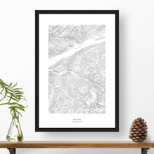 Load image into Gallery viewer, Topographic ski map of Verbier, Swiss Alps, Switzerland with a black frame.