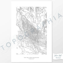 Load image into Gallery viewer, Vertical orientation Wallowa Mountains, Oregon poster with topographic map design.