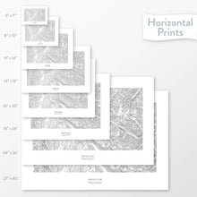 Load image into Gallery viewer, Available sizes for Whistler-Blackcomb Ski Resort topographic maps. 5x7, 8x10, 11x14, 16x20, 18x24, 24x36, and 27x40 posters shown. as black and white prints on a gray background.
