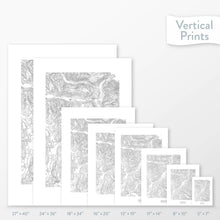 Load image into Gallery viewer, Available sizes for Whistler-Blackcomb Ski Resort topographic maps. 5x7, 8x10, 11x14, 16x20, 18x24, 24x36, and 27x40 posters shown. as black and white prints on a gray background.