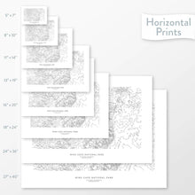 Load image into Gallery viewer, All sizes of horizontal prints for Wind Cave National Park poster with topographic map.