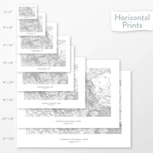 Load image into Gallery viewer, Available sizes for Yosemite National Park topographic maps. 5x7, 8x10, 11x14, 16x20, 18x24, 24x36, and 27x40 posters shown. as black and white prints on a gray background.