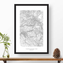 Load image into Gallery viewer, National park print of Yosemite with black and white topography in a black 24x36 vertical frame.
