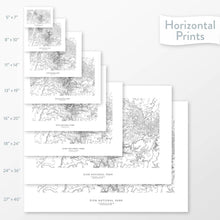 Load image into Gallery viewer, All sizes of horizontal prints for Zion National Park poster with topographic map.