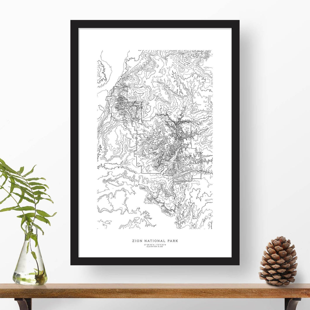 Framed print of Zion National Park featuring a topographic map.