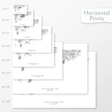 Load image into Gallery viewer, Available sizes for Acadia National Park topographic maps. 5x7, 8x10, 11x14, 16x20, 18x24, 24x36, and 27x40 posters shown. as black and white prints on a gray background.
