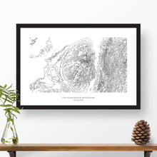 Load image into Gallery viewer, Framed travel art of Adirondack Mountains (the Adironadacks), featuring topography map art in black and white.
