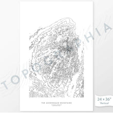 Load image into Gallery viewer, Example art map print of the Adirondack Mountains. Art uses verticle orientation. Print shows landscape of the area using elevation data. On the artwork is a title and concise info of location and elevation. Custom map decor
