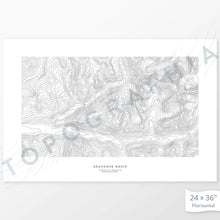 Load image into Gallery viewer, Example topographic map print of the Arapahoe Basin, Colorado ski area. Art uses horizontal orientation. Print shows landscape of the area using contour lines. On the artwork is a title and concise info of location and elevation.
