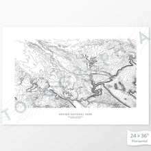 Load image into Gallery viewer, National Park print of Arches with a topographic map. Black contour lines on a white background.
