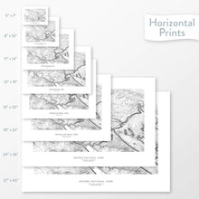 Load image into Gallery viewer, All sizes of Arches National Park topography vertical prints.
