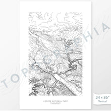 Load image into Gallery viewer, Vertical orientation Arches National Park poster with topographic map design.
