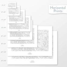 Load image into Gallery viewer, All sizes of horizontal prints for Aspen, Colorado ski area poster with topographic map.
