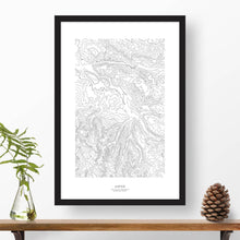 Load image into Gallery viewer, Black and white map and travel art of the Aspen, Colorado ski area. Topography contours are in black on a white background. Text below the image can be personalized for a perfect custom map art gift idea.
