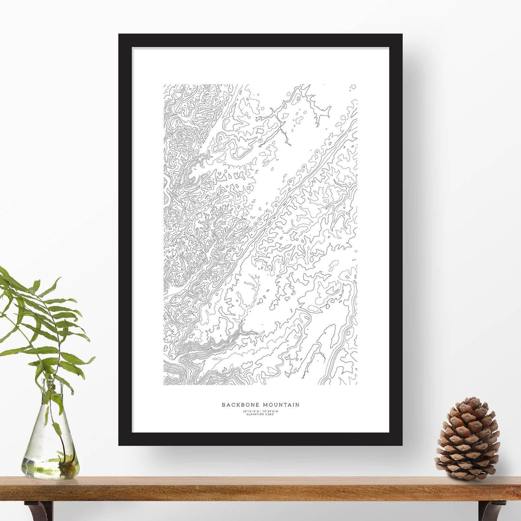 Framed print of Backbone Mountain in Maryland featuring a topographic map.