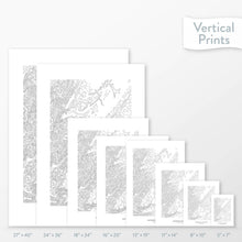 Load image into Gallery viewer, Available sizes for Backbone Mountain, Maryland topographic maps. 5x7, 8x10, 11x14, 16x20, 18x24, 24x36, and 27x40 posters shown. as black and white prints on a gray background.
