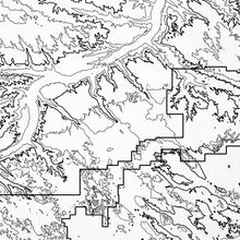 Load image into Gallery viewer, Close-up of black labels and contour lines for Badlands National Park poster with map art.
