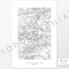 Load image into Gallery viewer, National Park print of the Badlands, with topography art.
