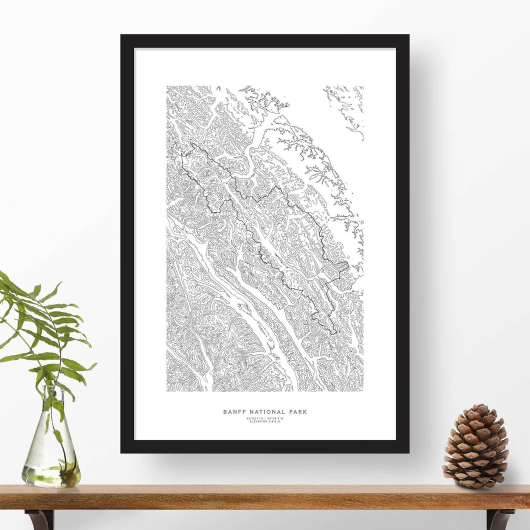 Framed print of Banff National Park featuring a topographic map.