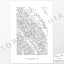 Load image into Gallery viewer, Vertical orientation Banff National Park poster with topographic map design.
