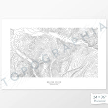 Load image into Gallery viewer, Example topographic map print of the Beaver Creek, Colorado ski area. Art uses horizontal orientation. Print shows landscape of the area using contour lines. On the artwork is a title and concise info of location and elevation.
