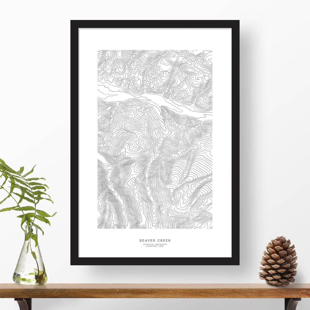 Framed print of Beaver Creek featuring a topographic map of the ski area.