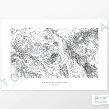 Load image into Gallery viewer, Example topographic map print of Big Bend National Park. Art uses horizontal orientation. Print shows landscape of the area using contour lines. On the artwork is a title and concise info of location and elevation.

