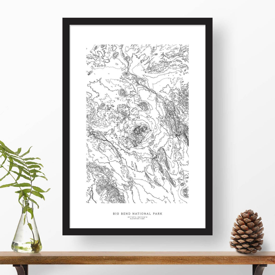 Framed print of Big Bend National Park featuring a topographic map.