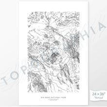 Load image into Gallery viewer, Big Bend National Park poster with topograpy contour lines in black on a white background. Customizable text makes it a great map art gift idea.
