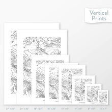 Load image into Gallery viewer, Side-by-side comparison of 8 dimension options for adventure travel art. Prints are decorative topographic maps of Big Bend National Park.
