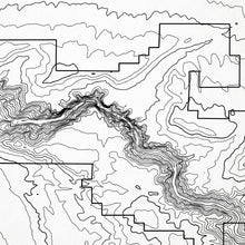 Load image into Gallery viewer, Close-up of black labels and contour lines for Black Canyon of the Gunnison poster with map art.
