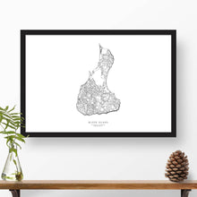 Load image into Gallery viewer, Block Island, Rhode Island topographic map art poster with black frame.
