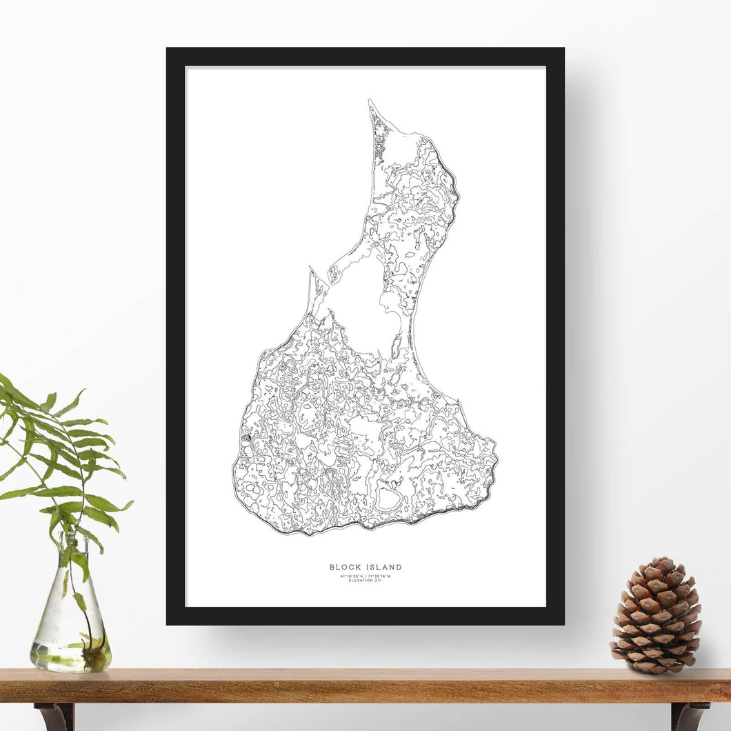 Block Island, Rhode Island topographic map poster, 24 inches by 36 inches, in a vertical orientation, with a black solid wood ready-to-hang frame.