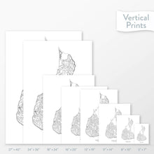 Load image into Gallery viewer, Available sizes for Block Island, Rhode Island topographic maps. 5x7, 8x10, 11x14, 16x20, 18x24, 24x36, and 27x40 posters shown. as black and white prints on a gray background.
