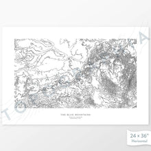 Load image into Gallery viewer, Mountains art print of the Blue Mountains (the Blues) in Washington and Oregon with a topographic map. Black contour lines on a white background.
