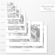 Load image into Gallery viewer, Available sizes for Blue Mountains, Washington and Oregon topographic maps. 5x7, 8x10, 11x14, 16x20, 18x24, 24x36, and 27x40 posters shown. as black and white prints on a gray background.
