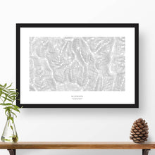 Load image into Gallery viewer, Framed black and white print of Bluewood ski area topography art. Text can be added to create a custom map poster as a travel gift.
