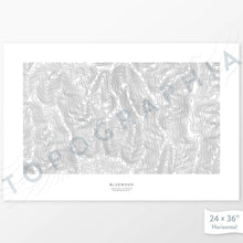 Load image into Gallery viewer, Ski area art print of Bluewood with a topographic map. Black contour lines on a white background.
