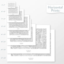 Load image into Gallery viewer, Available sizes for Bluewood ski area topographic maps. 5x7, 8x10, 11x14, 16x20, 18x24, 24x36, and 27x40 posters shown. as black and white prints on a gray background.
