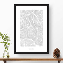 Load image into Gallery viewer, Bluewood Ski Area featured in a topographic map poster, 24 inches by 36 inches, in a vertical orientation, with a black solid wood ready-to-hang frame.
