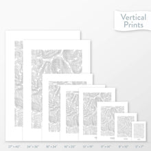 Load image into Gallery viewer, Available sizes for Bluewood Ski Area topographic maps. 5x7, 8x10, 11x14, 16x20, 18x24, 24x36, and 27x40 posters shown. as black and white prints on a gray background.
