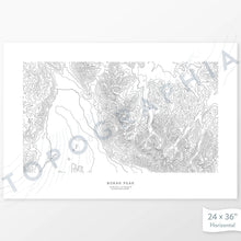 Load image into Gallery viewer, Example topographic map print of Borah Peak, Idaho. Art uses horizontal orientation. Print shows landscape of the area using contour lines. On the artwork is a title and concise info of location and elevation.
