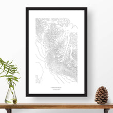Load image into Gallery viewer, Borah Peak, Idaho topographic map poster, 24 inches by 36 inches, in a vertical orientation, with a black solid wood ready-to-hang frame.
