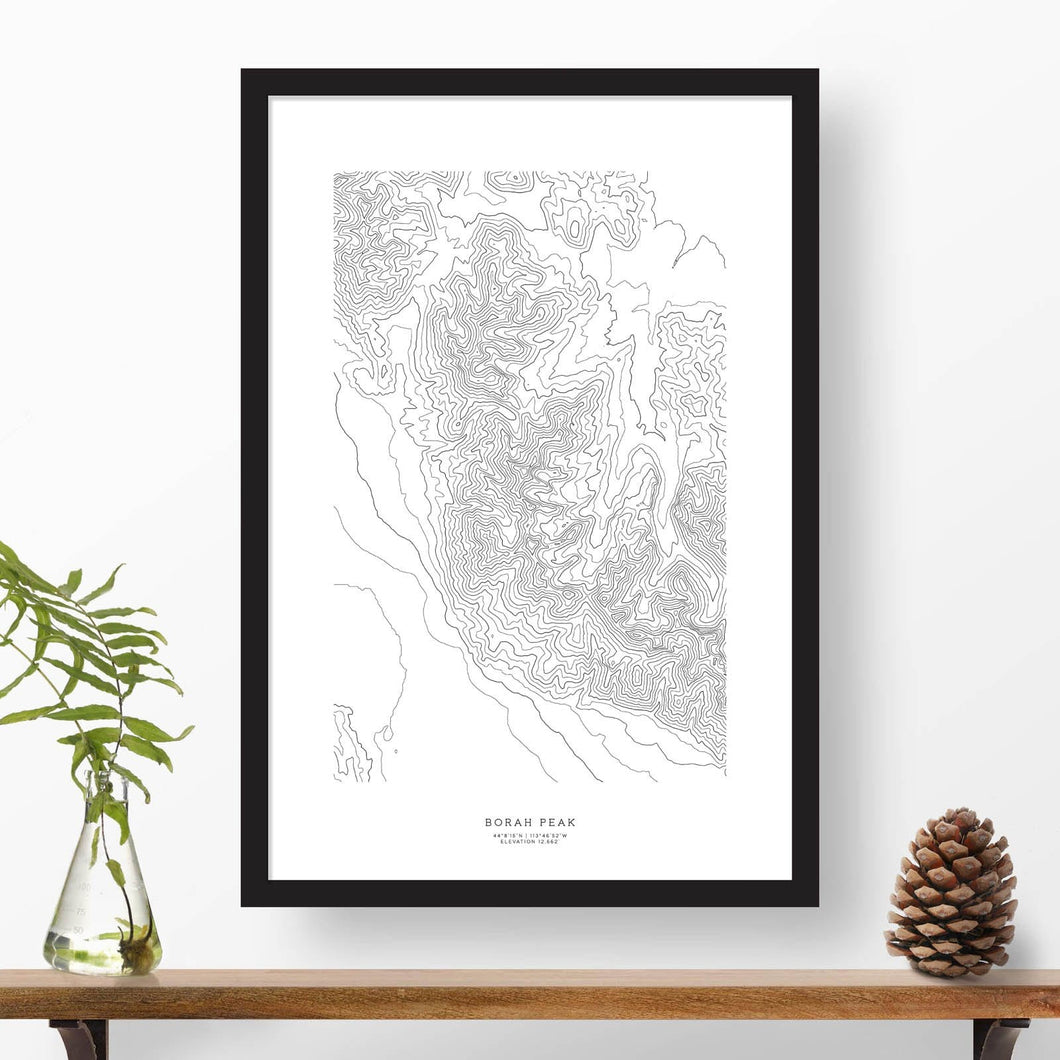Borah Peak, Idaho topographic map poster, 24 inches by 36 inches, in a vertical orientation, with a black solid wood ready-to-hang frame.