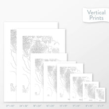Load image into Gallery viewer, Available sizes for Borah Peak, Idaho topographic maps. 5x7, 8x10, 11x14, 16x20, 18x24, 24x36, and 27x40 posters shown. as black and white prints on a gray background.
