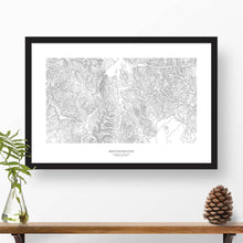 Load image into Gallery viewer, Framed black and white print of Breckenridge, Colorado topography art. Text can be added to create a custom map poster as a travel gift.
