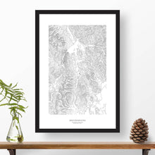 Load image into Gallery viewer, Breckenridge ski area topographic map poster, 24 inches by 36 inches, in a vertical orientation, with a black solid wood ready-to-hang frame.
