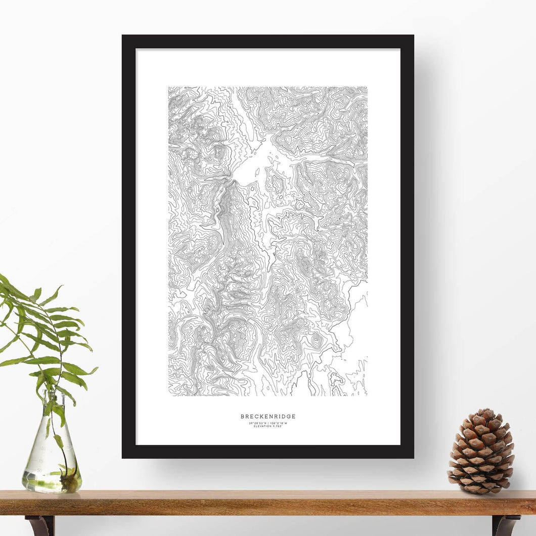 Breckenridge ski area topographic map poster, 24 inches by 36 inches, in a vertical orientation, with a black solid wood ready-to-hang frame.